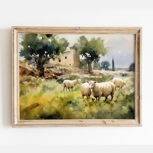 Sheep Painting, Sheep Watercolor Landscape Print, Vintage Landscape Print, Farmhouse Wall Art, Farm Animal Print, Sheep Wall Decor