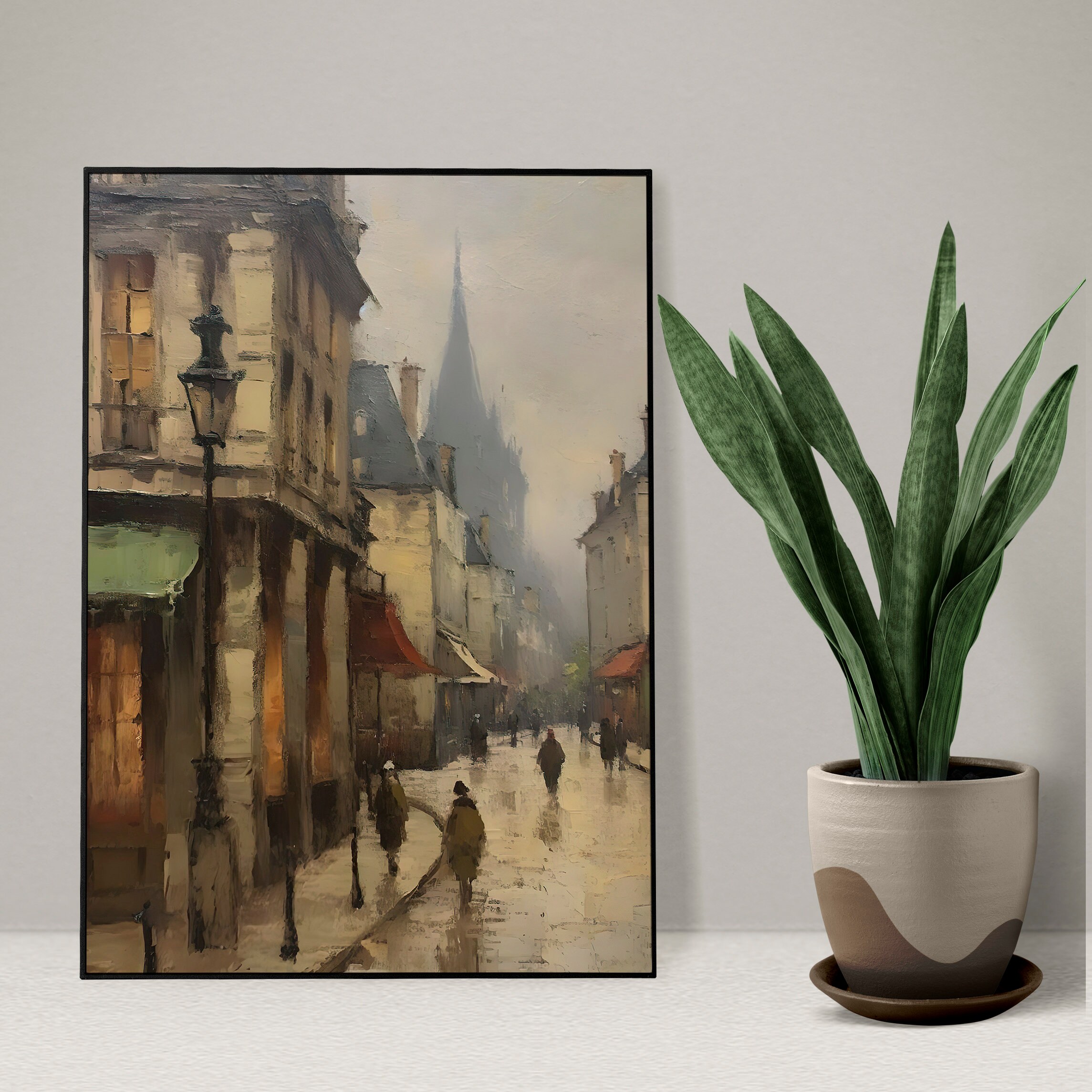 ヴィンテージフランスの街並みの絵画、アンティークな街並みの印刷可能