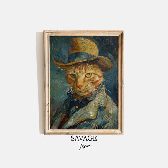ゴッホ風猫の肖像画、アンティーク油絵、ペットの祭壇画（デジタル