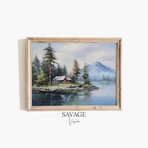 Forest Cabin Painting, Mountain Lake Print, Muted Lake Painting, Vintage Lake House Wall Art, Antique Lake Painting, Mountain Forest Print
