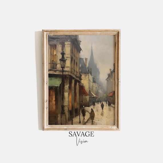 ヴィンテージフランスの街並みの絵画、アンティークな街並みの印刷可能