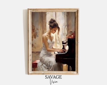 Antique Pianist Painting, Vintage Woman Portrait Art (Digital Download)