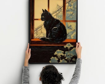 ヴィンテージの黒猫の絵画、窓辺の猫のプリント（デジタルダウンロード