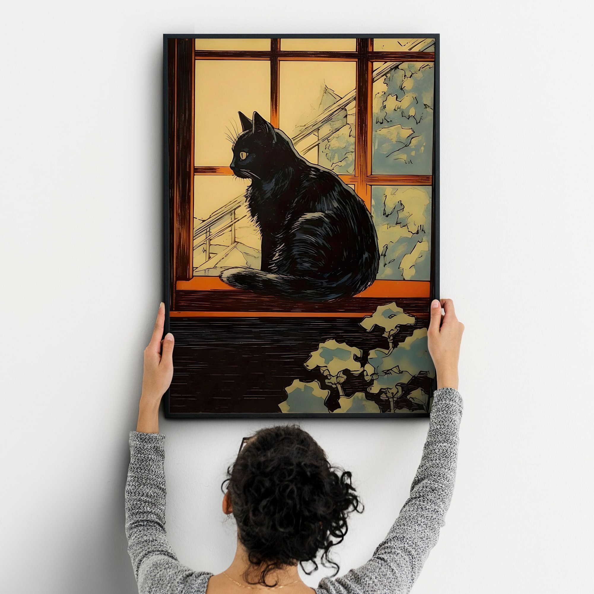 ヴィンテージの黒猫の絵画、窓辺の猫のプリント（デジタルダウンロード