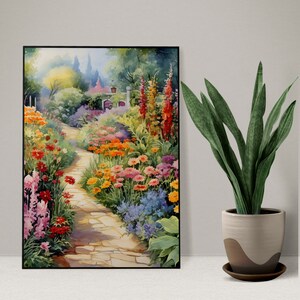 May include: A watercolor painting of a garden path lined with colorful flowers. The path leads to a small house in the distance. The painting is framed in black.