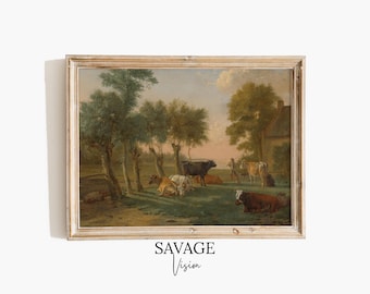 Vintage Cows in Meadow Painting: Farmhouse Landscape Art Print (Digital Download)