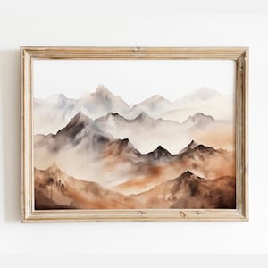 Abstract Mountain Landscape, Rustic Mountain Landscape Painting, Above Bed Decor, Vintage Cabin Print, Watercolor Mountain Art Print