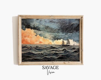 Antique Ship Painting, Vintage Nautical Stormy Seascape Art (Digital Download)