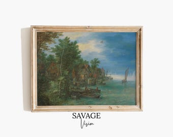 Village On a River Print, Fishing Village Oil Painting, River Landscape Art (Printable Wall Art)