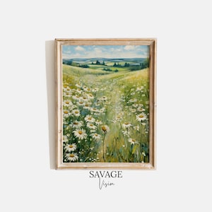 Daisy Field Oil Painting, Spring Meadow Landscape (Digital Download)