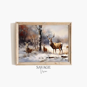 Deers in The Snow Painting, Vintage Deer in Winter Print, Snowy Winter Forest Wall Art, Winter Seasonal Decor, Rustic Deer Painting