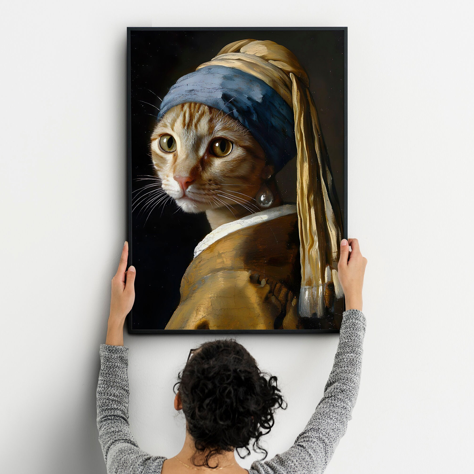 真珠の耳飾りの猫の絵画、フェルメールの猫の壁アート、猫好きへ