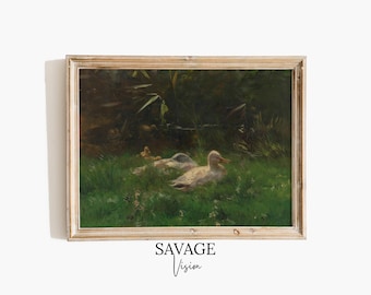 Cuadro vintage de patos, paisaje primaveral, decoración rústica (descarga digital)