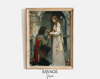 Medeltida riddare och prinsessa-tryck, viktoriansk renässansväggkonst (digital nedladdning)
