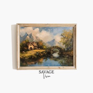 Vintage River Landscape Painting, Stone Bridge Print, Country River Painting, Farmhouse Oil Painting, Printable Wall Art