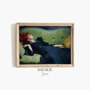 Tired Woman Painting, Decadent Young Woman After The Dance, Green Wall Art, Original Contemporary Print, Antique Wall Decor, PRINTABLE ART