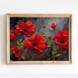 Olieverfschilderij rode bloemen, rode klaprozen kunst, origineel schilderij bloeiende bloemen, landschap met papaverweide, rode bloemen print, digitale DOWNLOAD