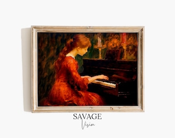 Victorian Woman Playing Piano, Antique Art Print (Digital Download)