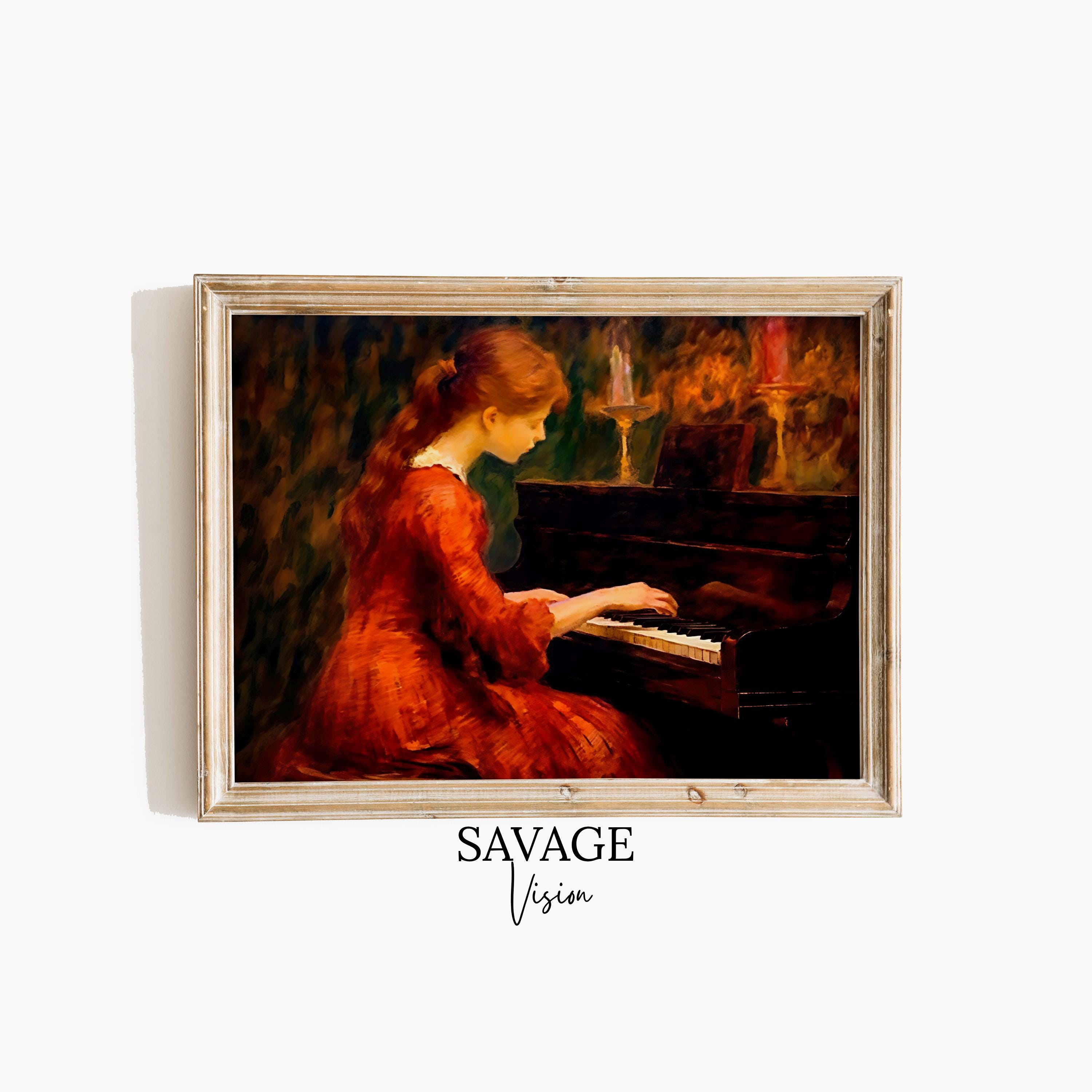 painting of woman playing piano in red dress Victorian Woman Playing Piano, Antique Art Print (digital Download)