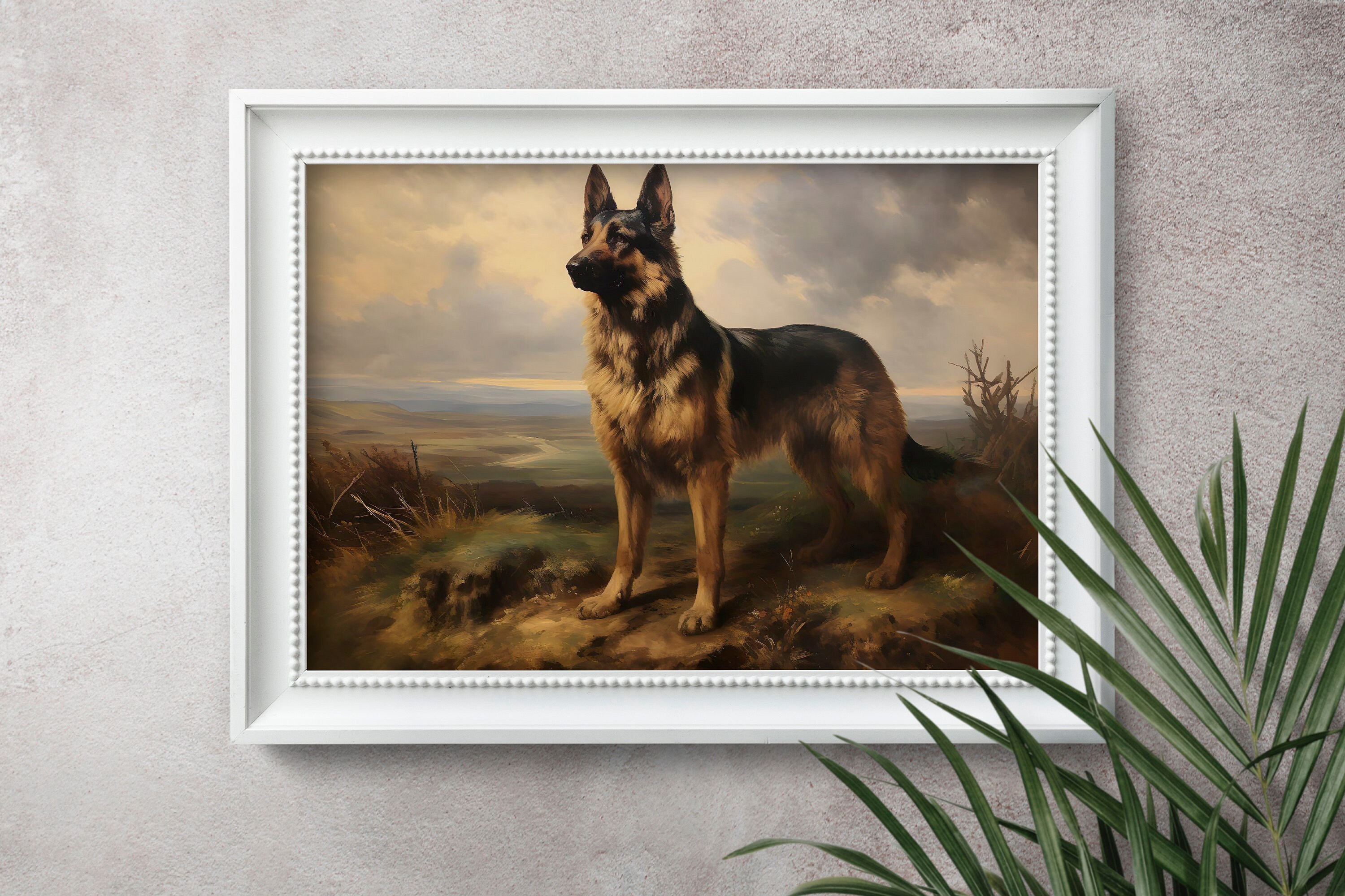 ヴィンテージのジャーマンシェパードの油絵、アンティークの犬の肖像画 