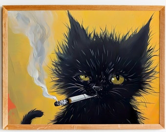 黒猫の絵画、タバコを吸う猫、猫の壁アート、猫のプリント、猫の肖像画