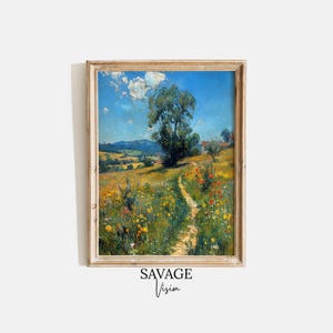 Antique Meadow Painting, Vintage Spring Painting, Landscape Painting Printable Wall Art, Antique Wildflower Field Print, Digital Download