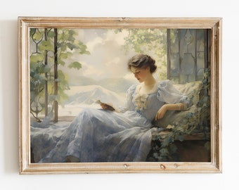 Antique Lady Reading Painting, Woman Reading Print, Woman In A Blue Dress, Antique Woman Portrait, Victorian Woman Wall Art, Women Decor