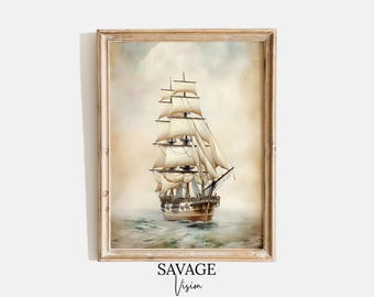 Impresión de barco náutico vintage, pintura costera de tonos apagados (descarga digital)