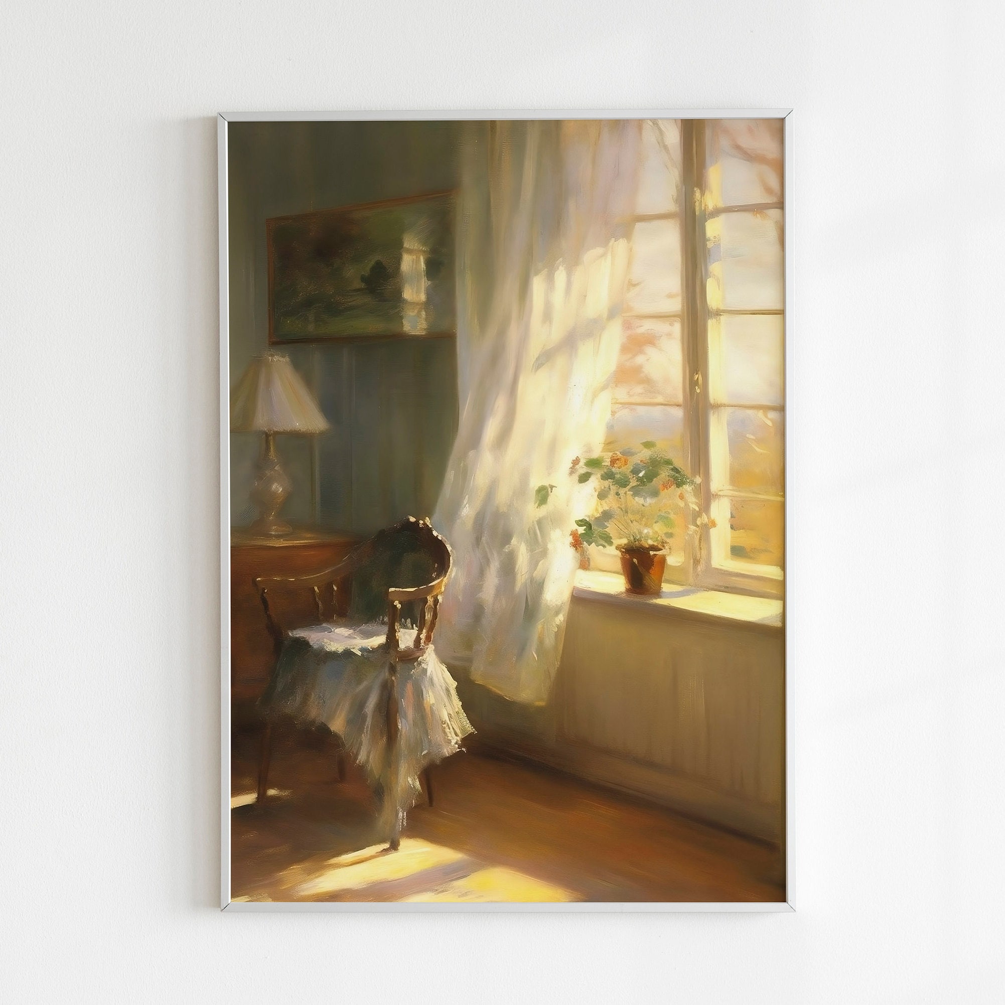 窓からの陽光油絵、雰囲気のある室内画、室内風景画