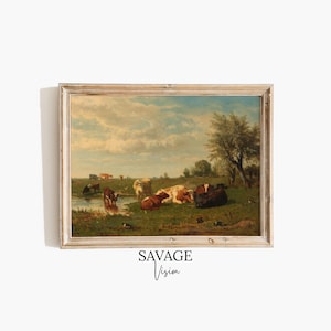Vintage Cows Painting, Cows Wall Art, Country Landscape Print, Meadow Landscape Painting, Farmhouse Decor, Antique Digital Print