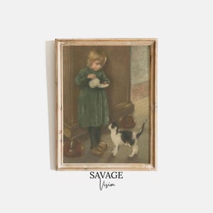 Girl Feeding a Cat Print, Girl And Cat Painting, Vintage Wall Art, Girl With Cat Wall Art, Vintage Nursery Art, Cat Lover Gift, Digital Art