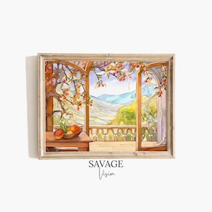 Open Window With Fruit Painting, Garden Vintage Painting, Mountains Wall Art, Kitchen Still Life Painting, Flowers And Fruits Garden Print