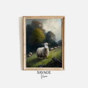 Sheep Oil Painting Vintage Landscape Wall Art Farm Animal Print Farmhouse Wall Art Sheep Print Sheep in the Spring