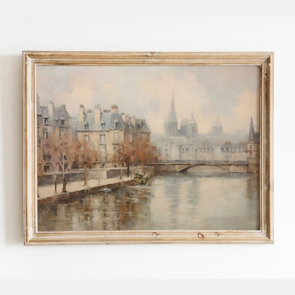Vintage Paris Cityscape Painting, French Architecture Oil Painting, Neutral Abstract Wall Art, Paris River View Painting, Digital Download
