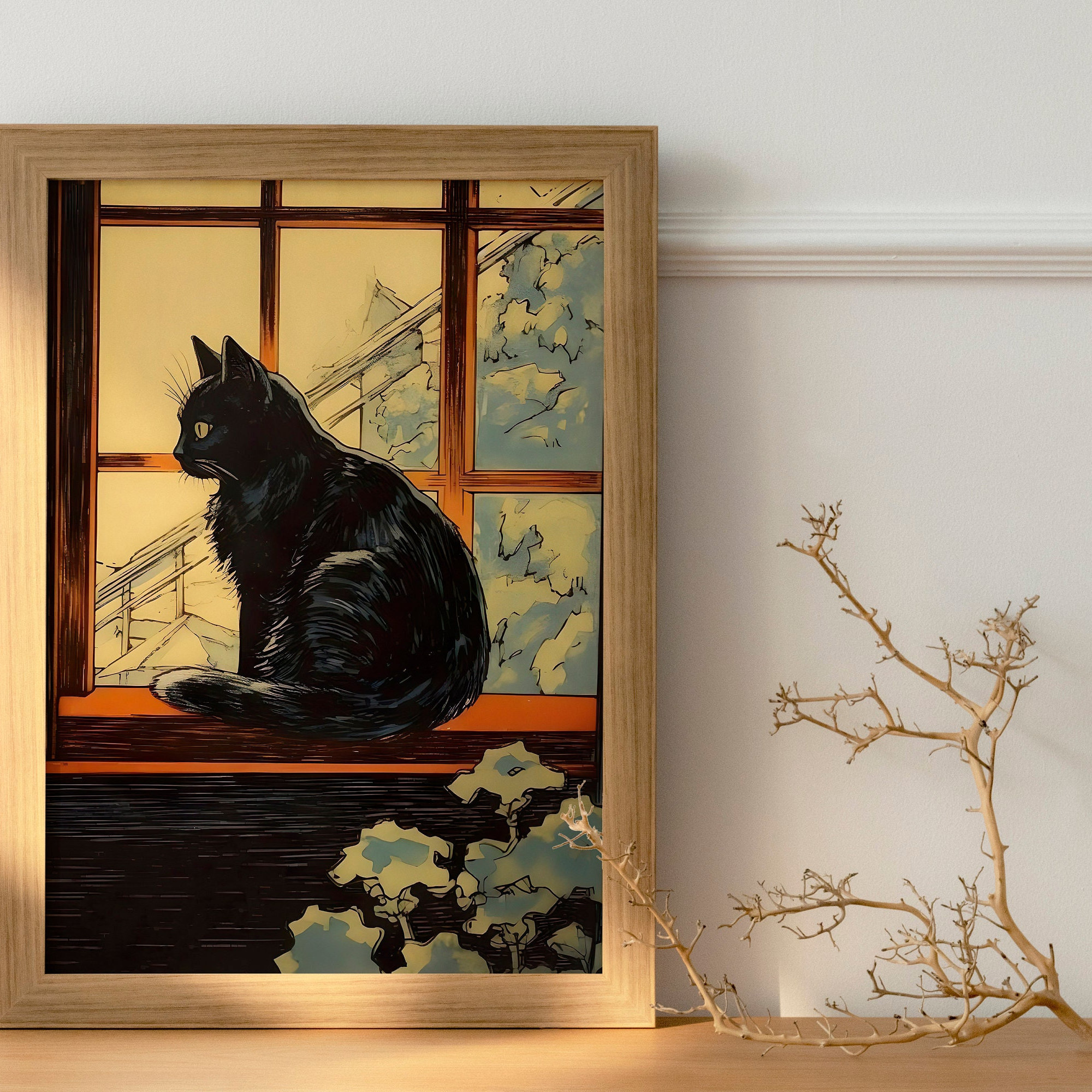 ヴィンテージの黒猫の絵画、窓辺の猫のプリント（デジタルダウンロード