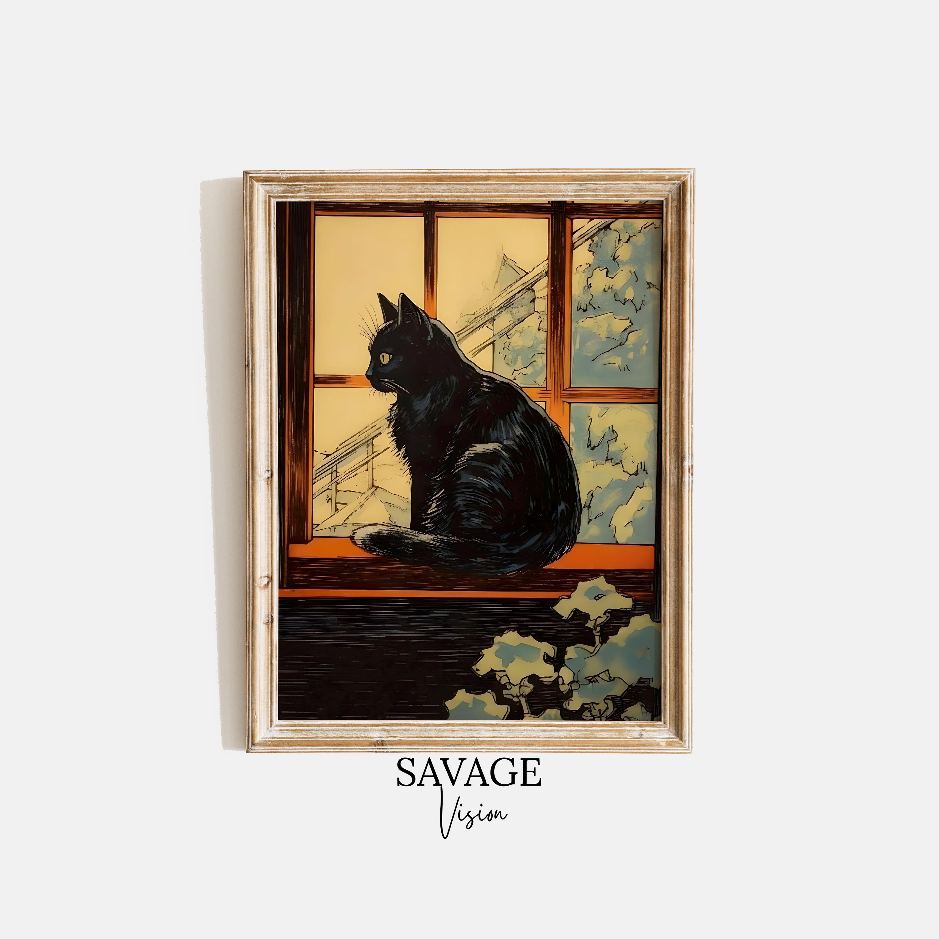 ヴィンテージの黒猫の絵画、窓辺の猫のプリント（デジタルダウンロード