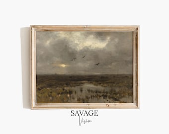 Antique Marshland Painting, Gloomy Wetlands Landscape Art (Printable Wall Art)