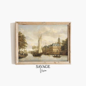 Antique Cityscape Painting, Vintage Architecture Print, Canal Painting, Moody Rustic Art, River Print, Vintage Art Print, Printable Wall Art