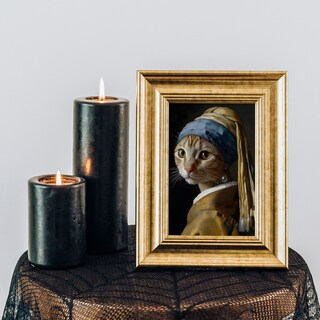 Quadro Su Tela Con Gatto Nero E Ragazza Con L'Orecchino Di Perla - Stampa Artistica 40x60 Cm - Senza Cornice