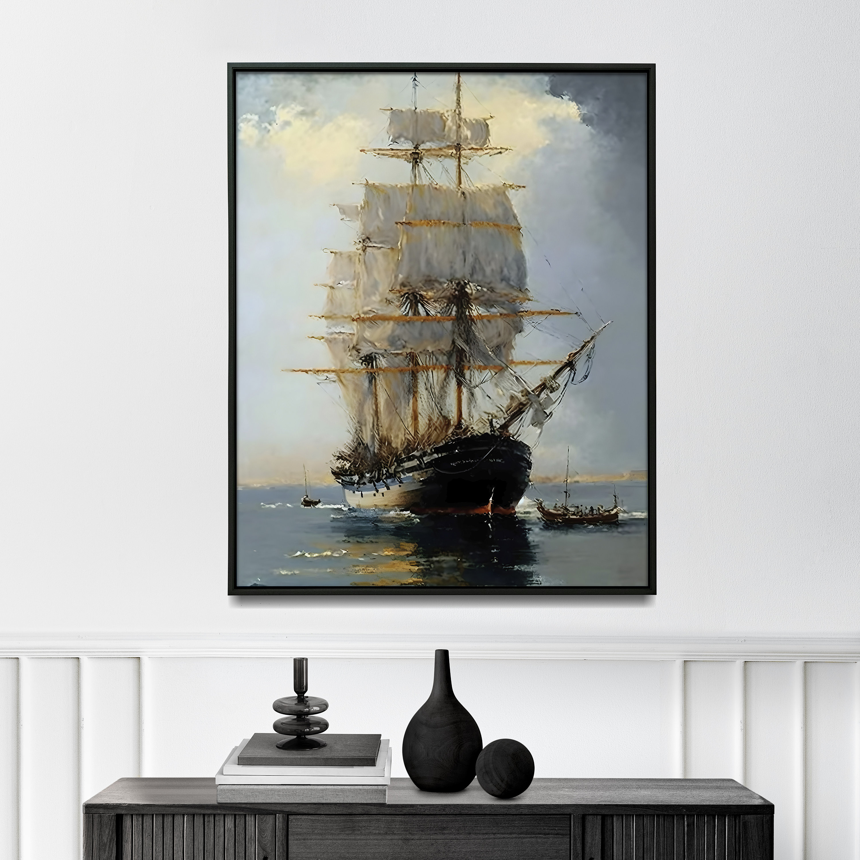Vintage Ship Ocean Painting Coastal Watercolor Nautical Seascape Wall ...