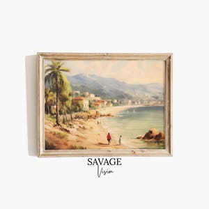 Vintage French Beach Painting, Coastal Seaside Art (Digital Download)