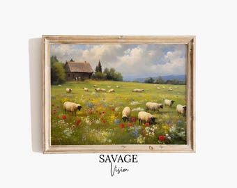 Sheep Meadow Landscape Painting, Cottage Farmhouse Decor (Digital Download)