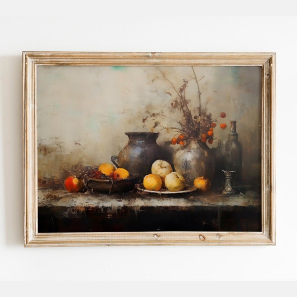 Antique Kitchen Still Life, Dark Moody Floral Still Art, Vintage Vases and Fruits Painting, Country Kitchen Print, Dark Academia Decor