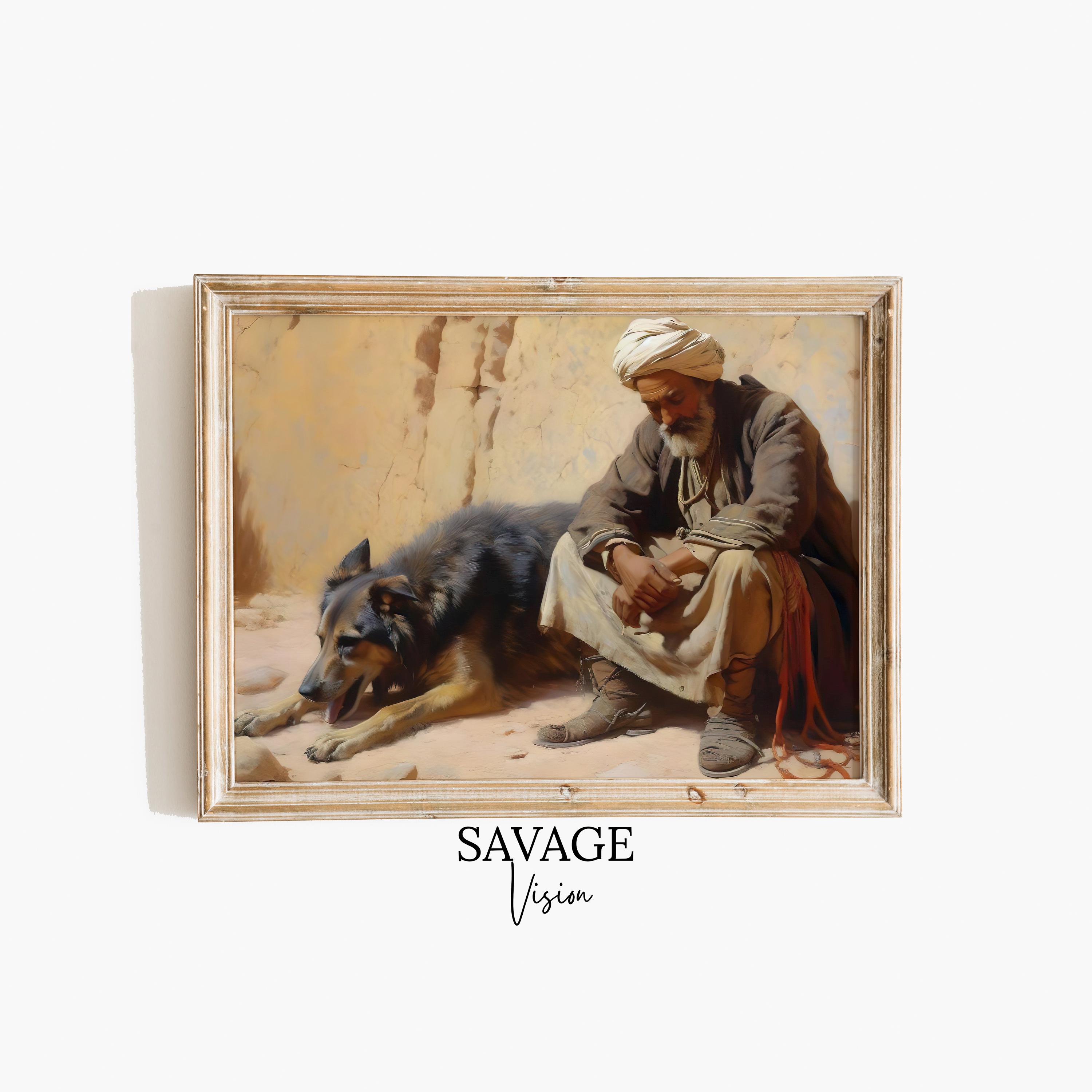 ヴィンテージの男性と犬の絵画、中東の装飾、羊飼いのプリント