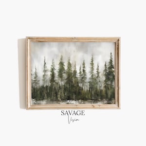Vintage Forest Painting, Watercolor Pine Forest, Rustic Tree Wall Decor, Pine Tree Landscape, Misty Forest Art Print, Pine Tree Painting