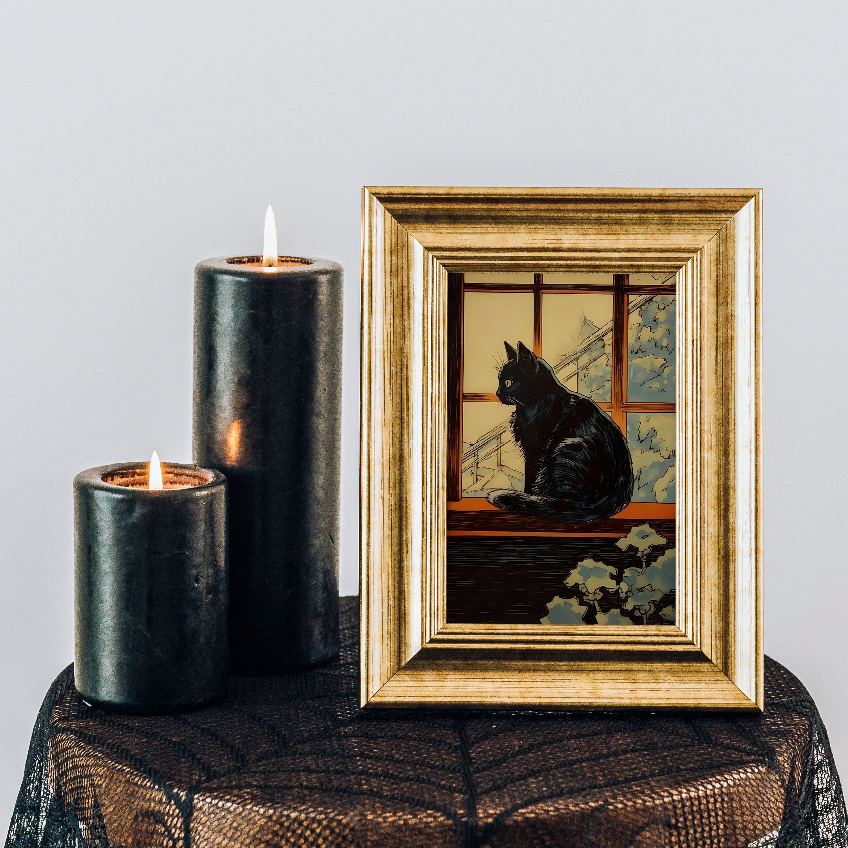 ヴィンテージの黒猫の絵画、窓辺の猫のプリント（デジタルダウンロード