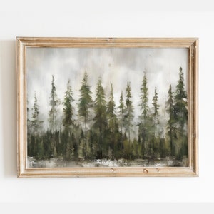 Vintage Wald Gemälde, Aquarell Kiefernwald, rustikale Baum Wand Dekor, Kiefer Landschaft, nebliger Wald Kunstdruck, Kiefer Baum Malerei