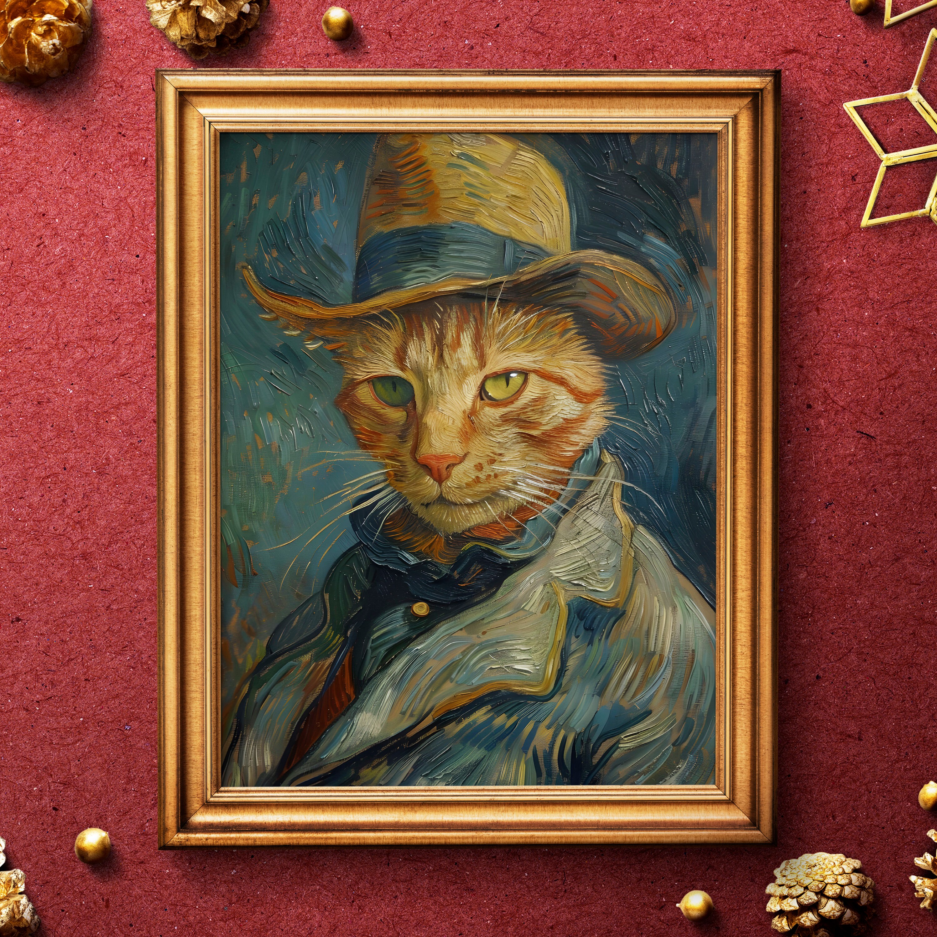ゴッホ風猫の肖像画、アンティーク油絵、ペットの祭壇画（デジタル