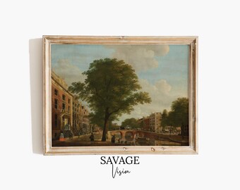 Vintage Amsterdam Street Scene, Antique Cityscape Painting, City Architecture Oil Painting, Printable Wall Art
