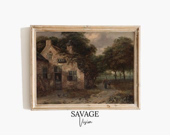 Vintage Farmhouse Cottage Oil Painting Art Print (Digital Download)